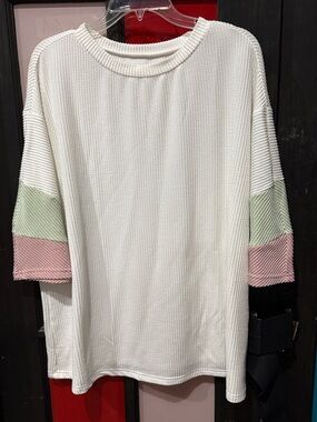 White Textured Tunic with Mint and Blush Sleeve Blocks